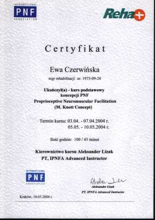Certyfikat ukoczenia kursu podstawowego PNF pl