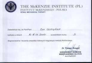 Certyfikat odbycia szkolenia z terapii manualnej wg McKenzie kurs B